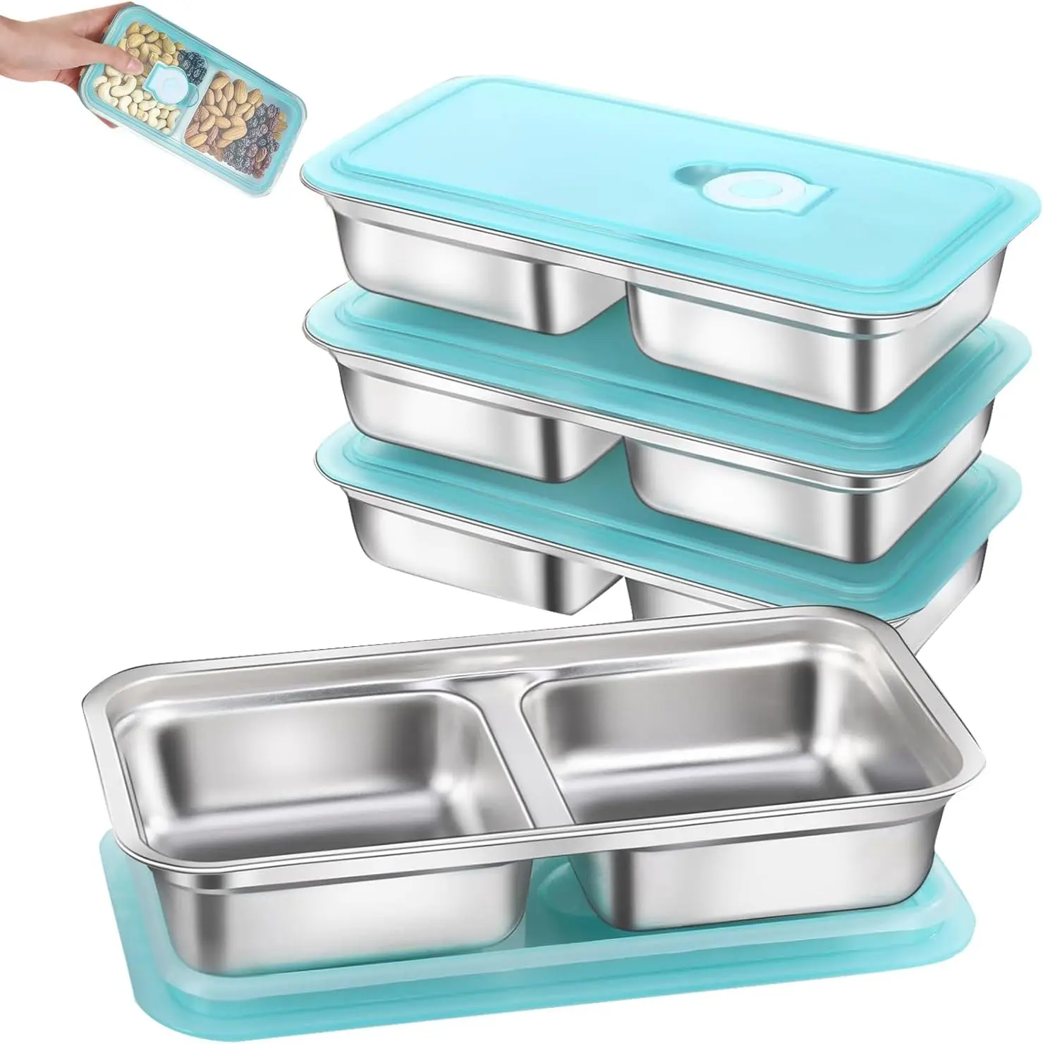 Stainless Steel Food Storage Containers - 4-Pack Reusable 2-Compartment Leakproof Portable Kitchen Containers for School Lunch Prep, On-the-Go Snacking - Dishwasher Safe