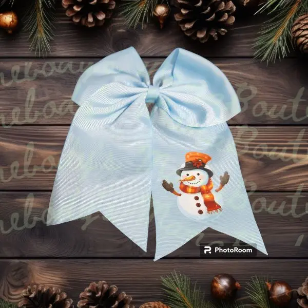 8" Snowman Light Blue Grosgain Hair Bow with Ponytail Holder