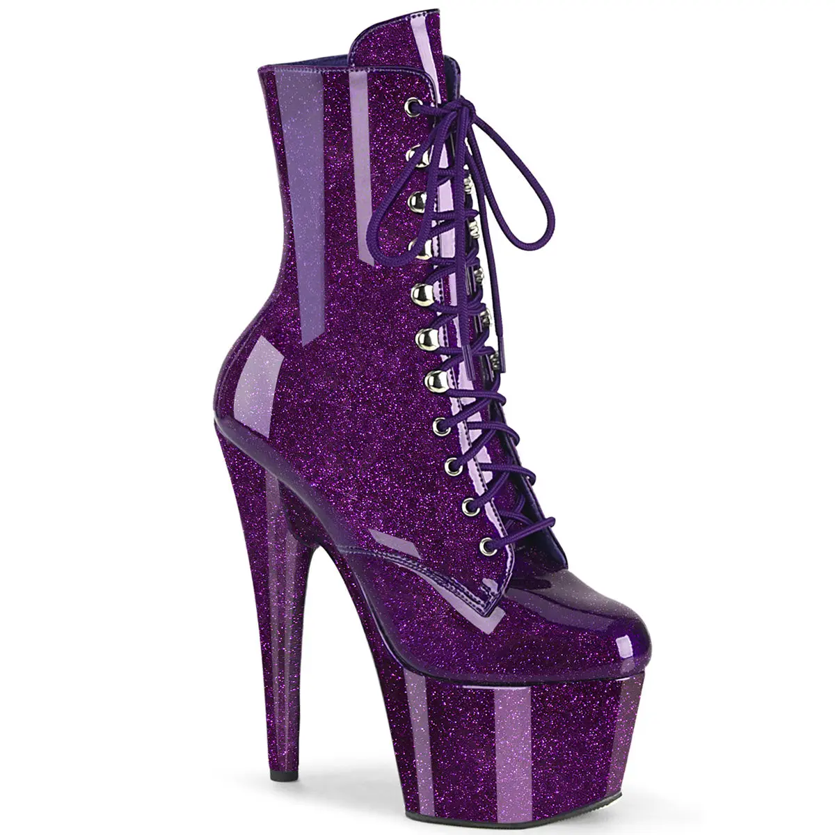 Women's Purple Glitter Ankle Boots, 7 In Stiletto High Heel, 2.75-in Platform Lace-Up Footwear with a Side Zipper, Boot, High Heels, Ankle Length, Glitter Upper, Stiletto Heels