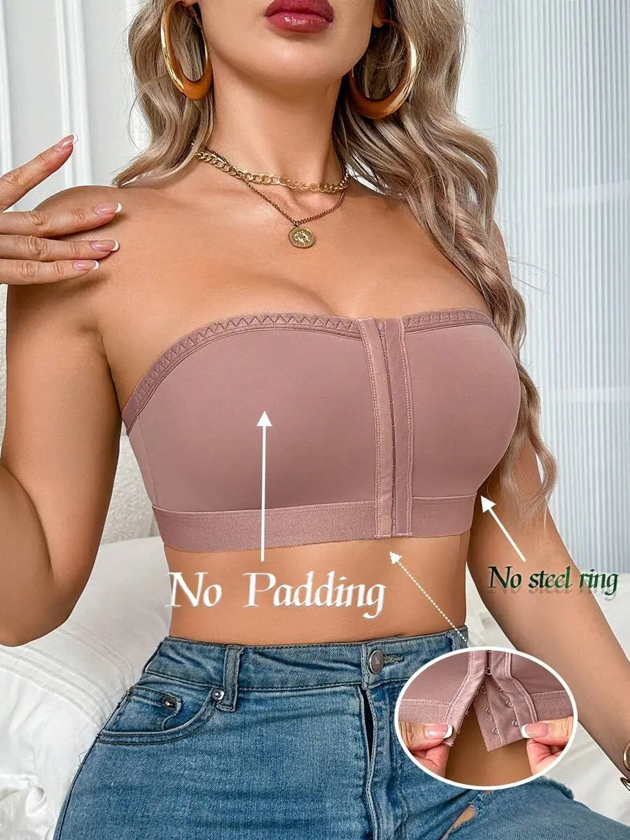 1pc Solid Color Casual - Comfortable Minimalist Knit Fabric Front Button Wireless Bralette For Women, All Season