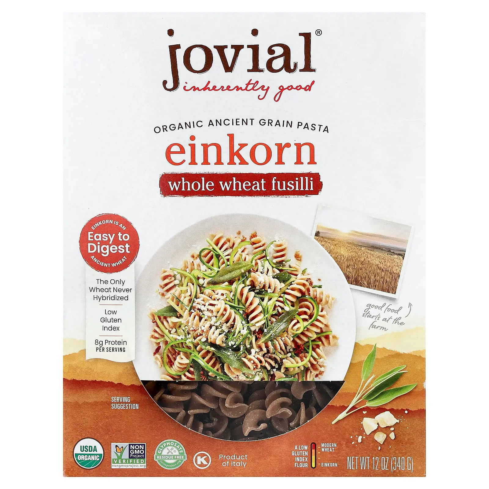 Jovial Organic Ancient Grain Pasta, Einkorn Whole Wheat Fusilli, 12 oz (340 g)