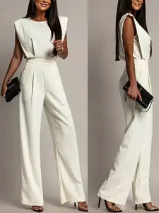 Short Sleeve Round Neck Zip Front Back Zippers Overalls Jumpsuit Fit, Spring Summer Autumn Winter Wedding Guest Matching Womenswear Garment