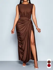 Summer Elegant Casual Women's Plain Long Dress, Round Neck Short Sleeve Ruched Slit Bodycon, Perfect for Casual, Evening Dates, Fashion Streetwear