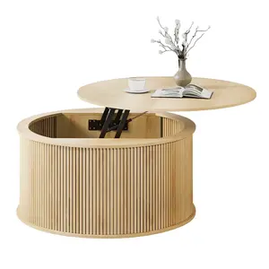 31.58" Round Lift Top Coffee Table with Storage, Farmhouse Fluted Center Circle Dining Table for Living Room, Reception Room, Home OfficePRDI
