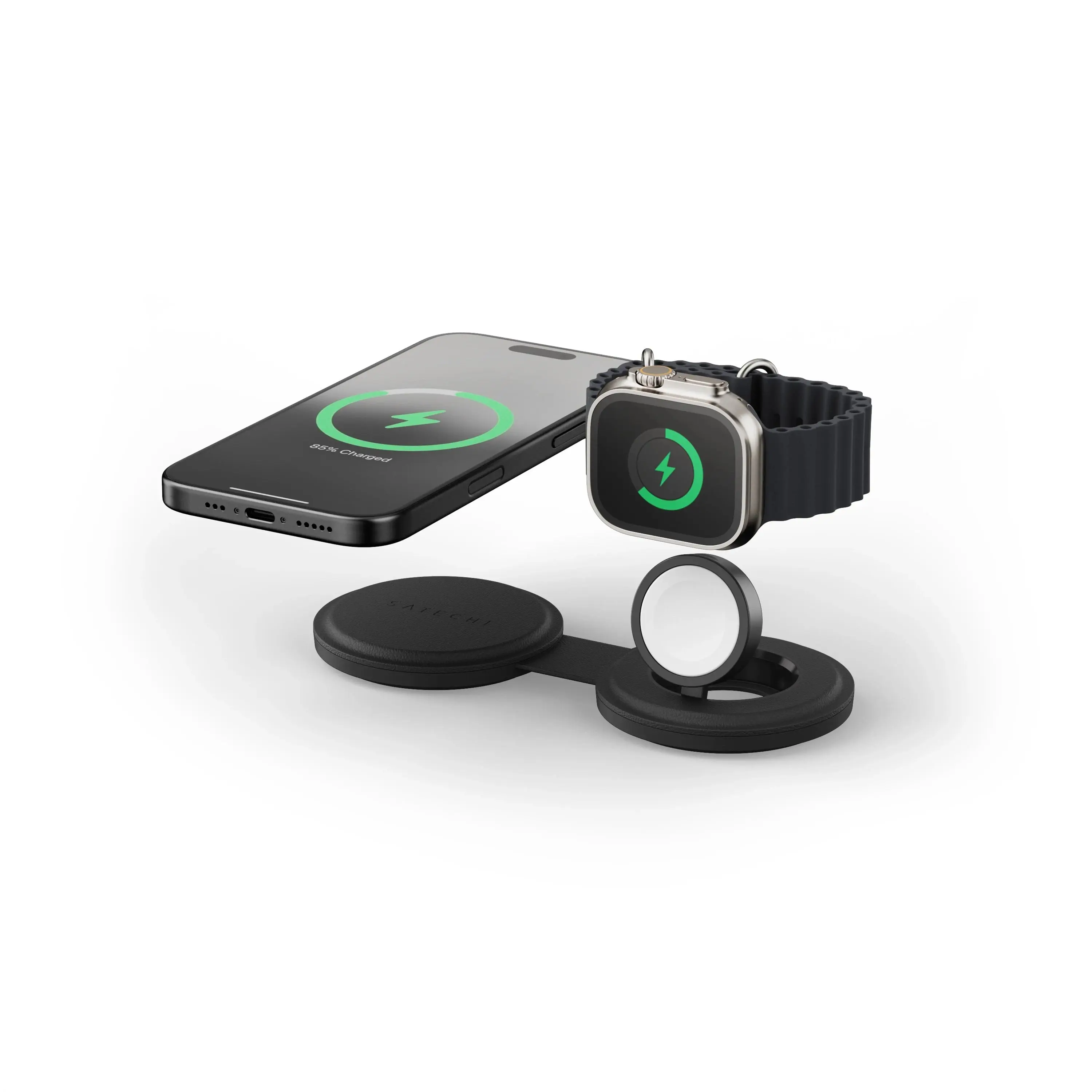 Satechi OntheGo 2-in-1 Wireless Charger - Qi2 15W Fast Charging for iPhone & 5W Apple Watch, Foldable MagSafe Travel Charger