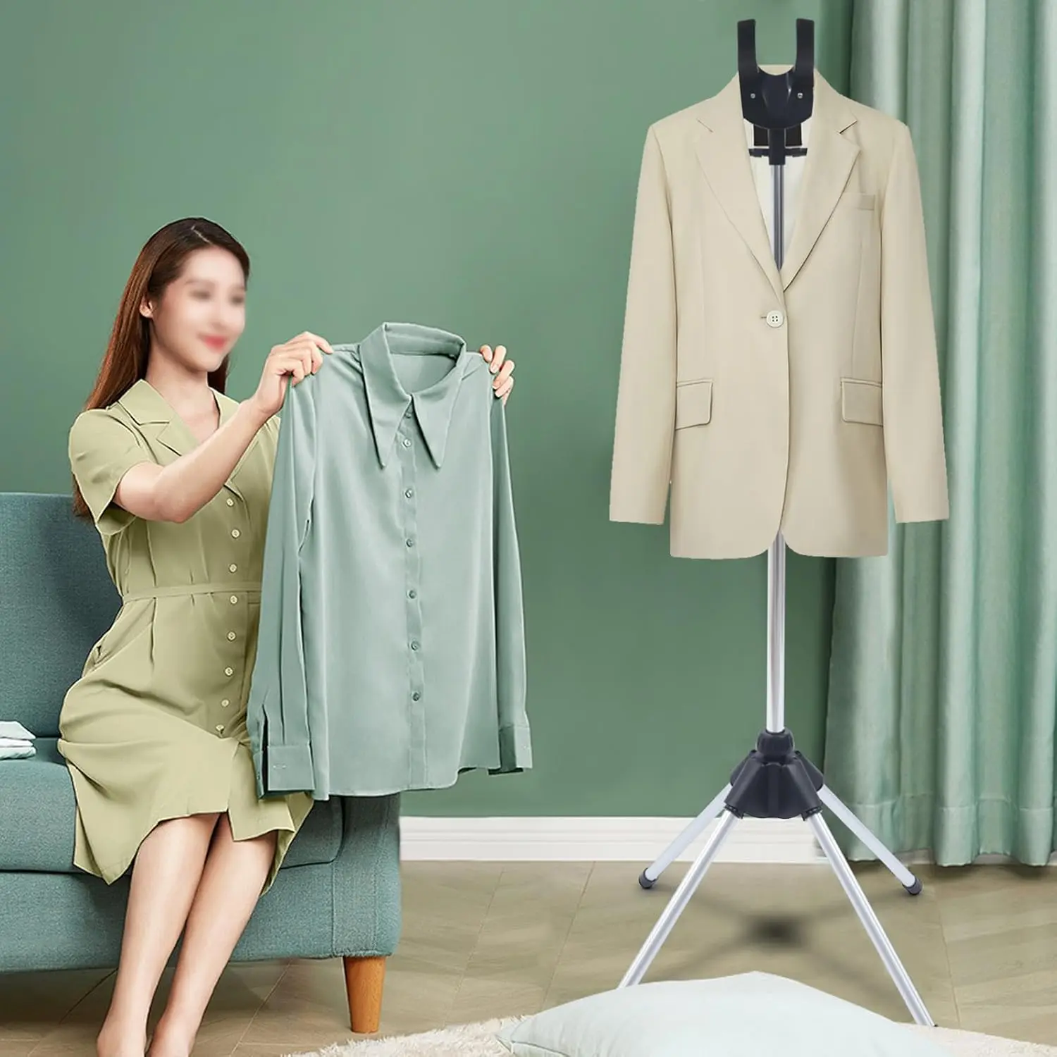 Plastic-Aluminium Telescopic Hanging Ironing Rack - Durable Portable 1-Hook Garment Steamer Stand, Foldable, Adjustable Height, Clamp-Mount Clamp-Equipped, 360-Degree Rotating, 0.76kg, 47*47*160cm Drying Rack for Clothing Stores, Hotels