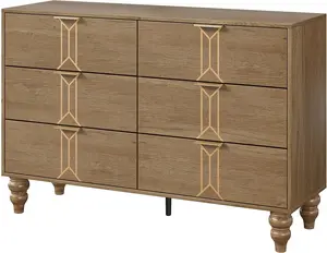 51-in Wide 6-Drawer Dresser with Metal Handles, Wooden Construction 6-Drawer Storage Chest, Multi-Functional TV Stand for Bedroom, Living Room