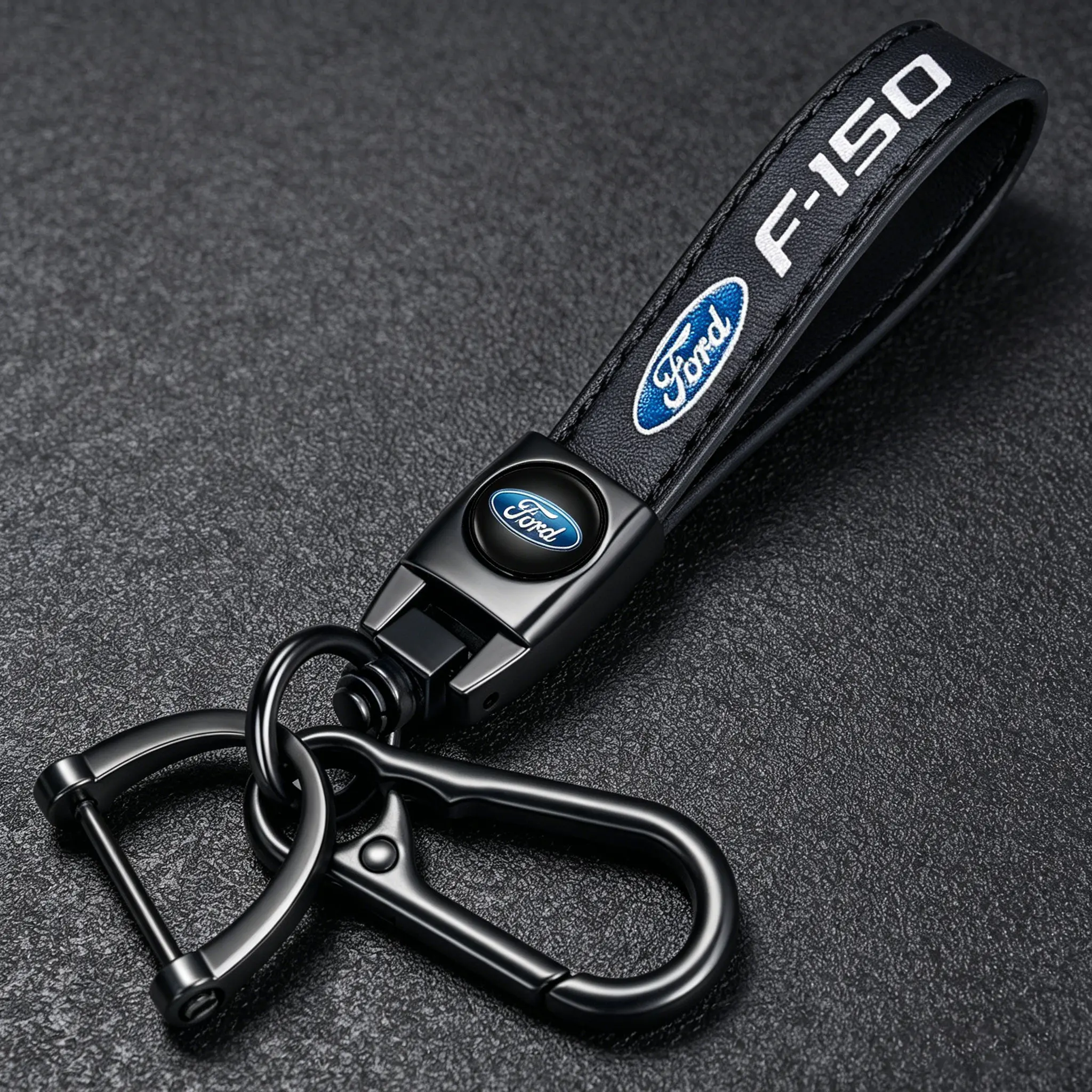 Genuine Leather Car Keychain Wristlet Lanyard, Anti-Lost D-Ring zinc alloy Key Fob Holder Compatible with Ford F-150 Pickup Truck, Premium Auto Key Ring Accessories USA Stock Car Keychain Set automotive replacement