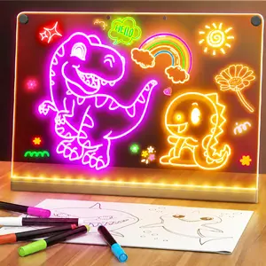 14-Inch Rechargeable Doodle Glow LED Note Board, 7-Color Light Modes, Neon Art Dry Erase Light Up Drawing Pad with Built-in Stand, Sketching Gift Toy for Kids/Girls/Teens, 5 Markers & Tracing Book