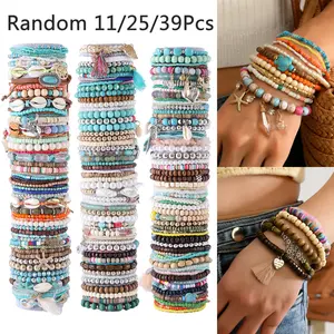 11/25/39pcs Bohemian Ethnic Handmade Stackable Beaded Bracelet Set Random Assorted Mixed Western Style Spring Summer Elastic Bracelet Starfish Cactus Hat Butterfly Feather Heart Charm Women Daily Wear Party & Holiday Gift