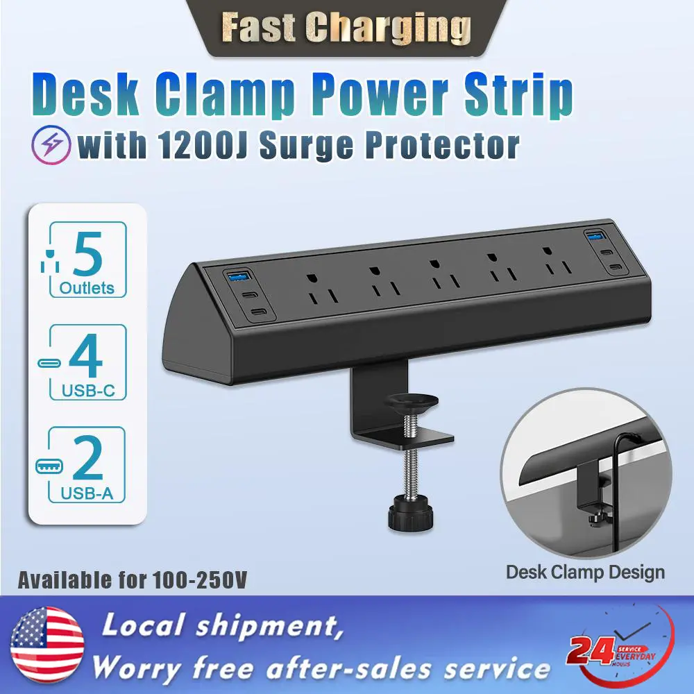 11-in-1 Desk Clamp Power Strip Desktop Socket Fast Charge With USB Type C 5 Outlets Heavy Duty Extension Cord 1.8 Meters Wire Switch Surge Protector Fireproof For Home Office Hotel