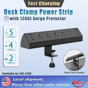 11-in-1 Desk Clamp Power Strip Desktop Socket Fast Charge With USB Type C 5 Outlets Heavy Duty Extension Cord 1.8 Meters Wire Switch Surge Protector Fireproof For Home Office Hotel