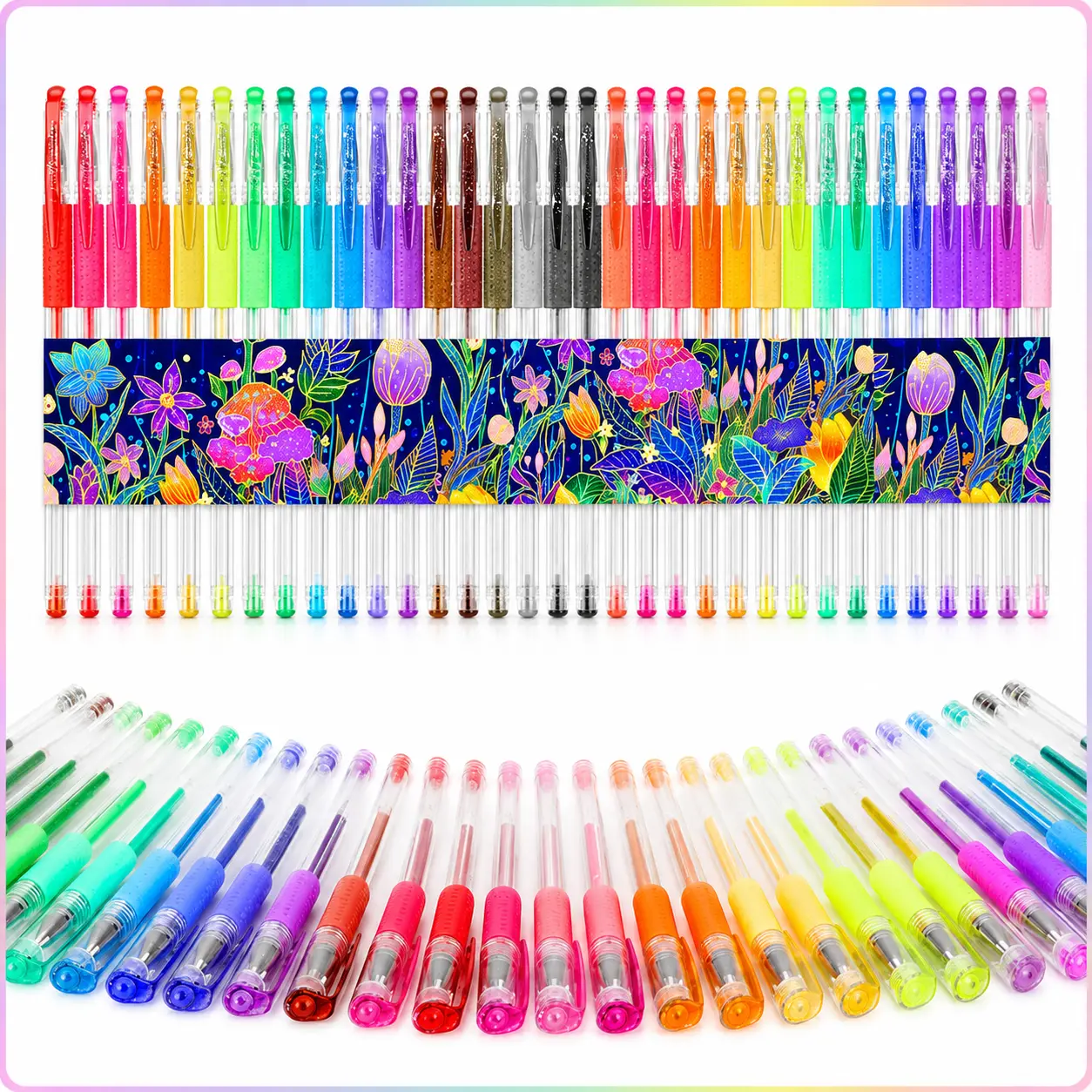 32-Color Assorted Glitter Gel Pens, Neon Fine-Tip Multicolor Markers with Smooth Extra-Ink Flow for Adult Coloring & Journaling (Office & Art Supplies for Drawing)