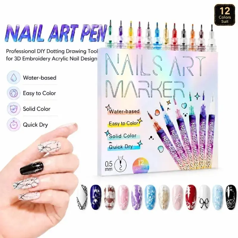 Back to school shopping-12-Color Nail Art Doodle Pen - Smooth Quick-Drying Acrylic 3D Nail Polish Tool, Mom-Focused Beauty Supply for Home Manicure, Fingernail Drawing, 12 Pcs Nail marker