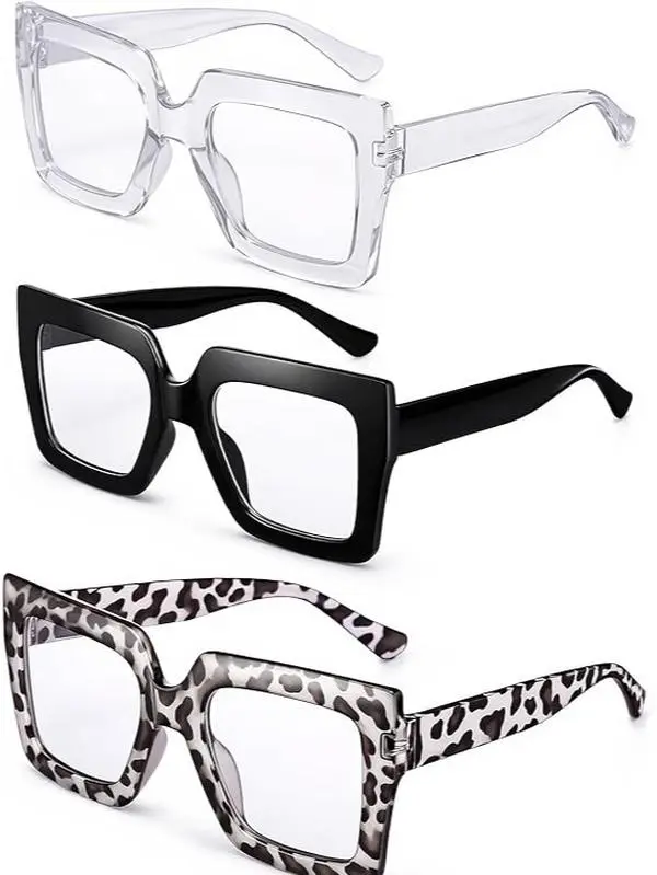 3 pairs Thick Big Square Frame Fashion Decor Eyeglasses, Zero Power Clear Lens Non Prescription Decorative Glasses, Trendy Leopard Solid Black Clear Frame Costume Eyewear for Girls Daily Outfit Photoshoot Cosplay Decor
