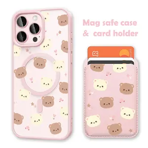 Cute Bear Magnetic Shockproof Casing - White Clear MagSafe Compatible Smartphone Accessory with Wireless Card Holder Wallet, for iPhone 17/16 Pro Max and Samsung S25 Black Handheld Phone Cover