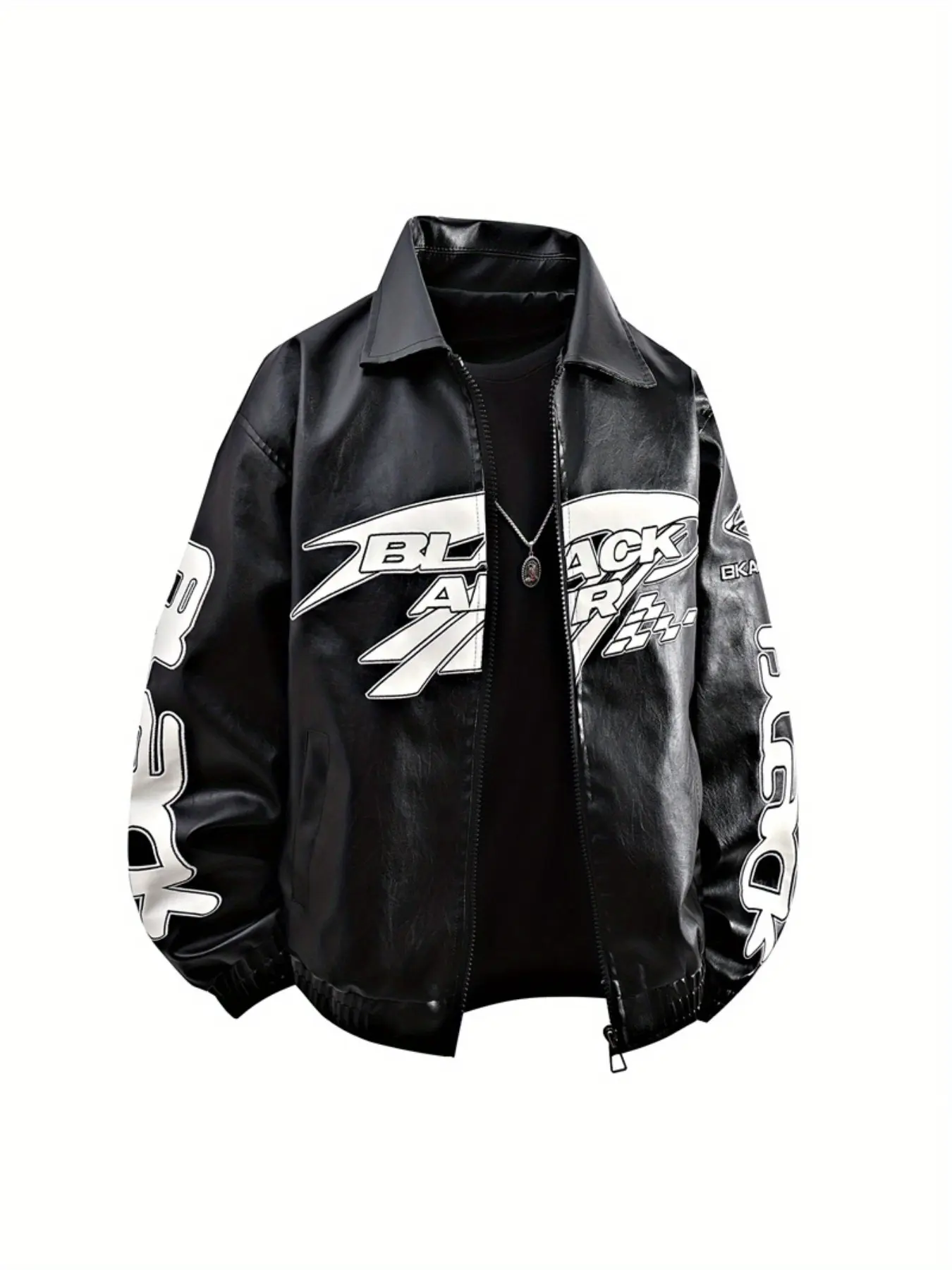 Men's jacket, retro motorcycle lapel leather jacket, men's zipper letter pattern men's PU leather jacket, casual jacket, motorcycle jacket, Long Sleeve