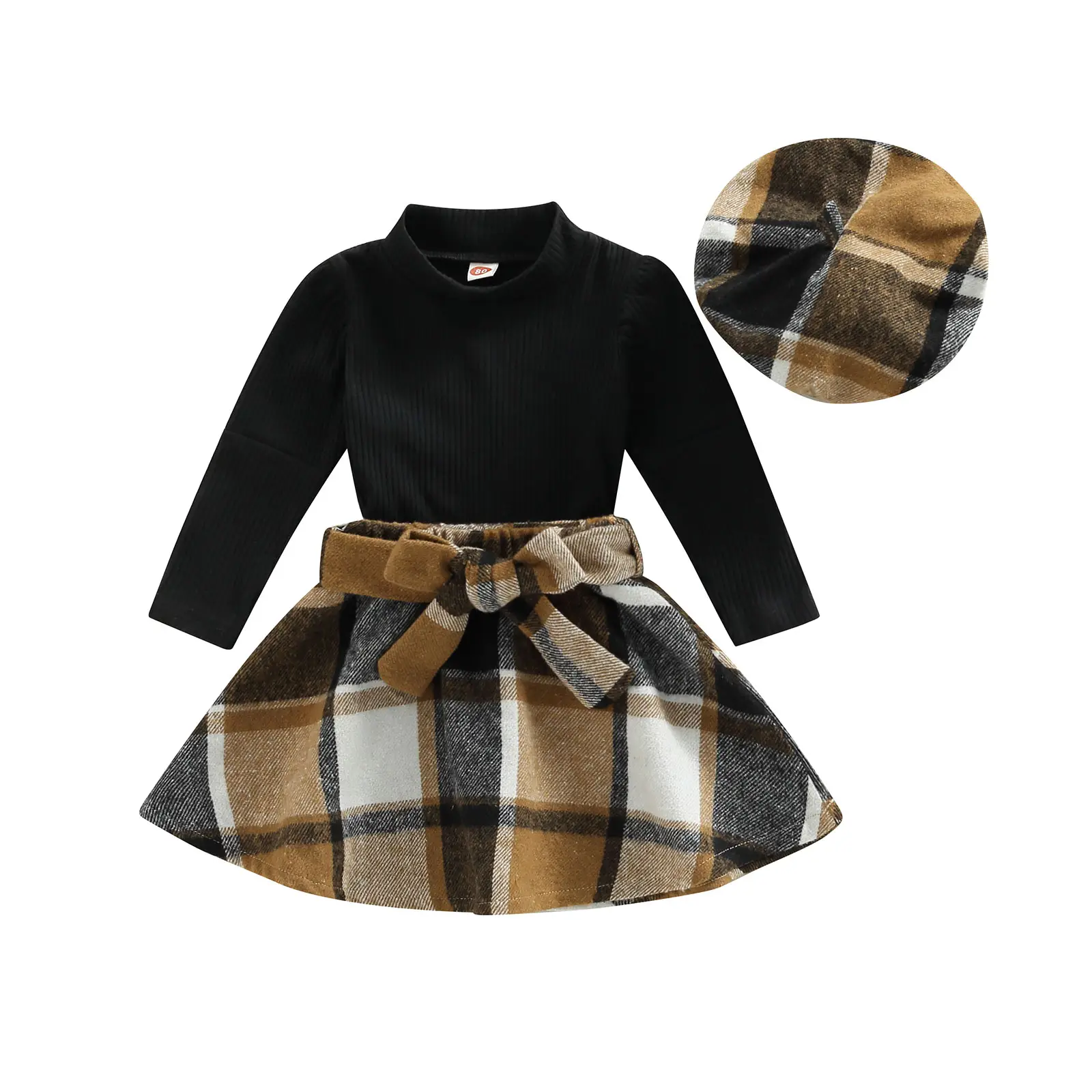 Toddler Baby Girl Fall Winter Skirt Set Turtleneck Ribbed Long Sleeve T-Shirt Top & Plaid Skirts Dress 2Pcs Outfits