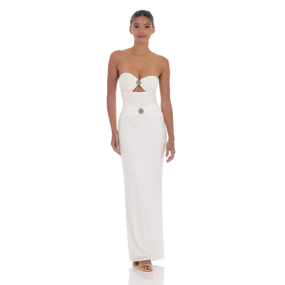 LUCY IN THE SKY Women's Sheer Sleeveless White Golden Rose Cutout Maxi Dress - Small, Polyamide-Elastane Garment, Casual Maxi-Length Dress