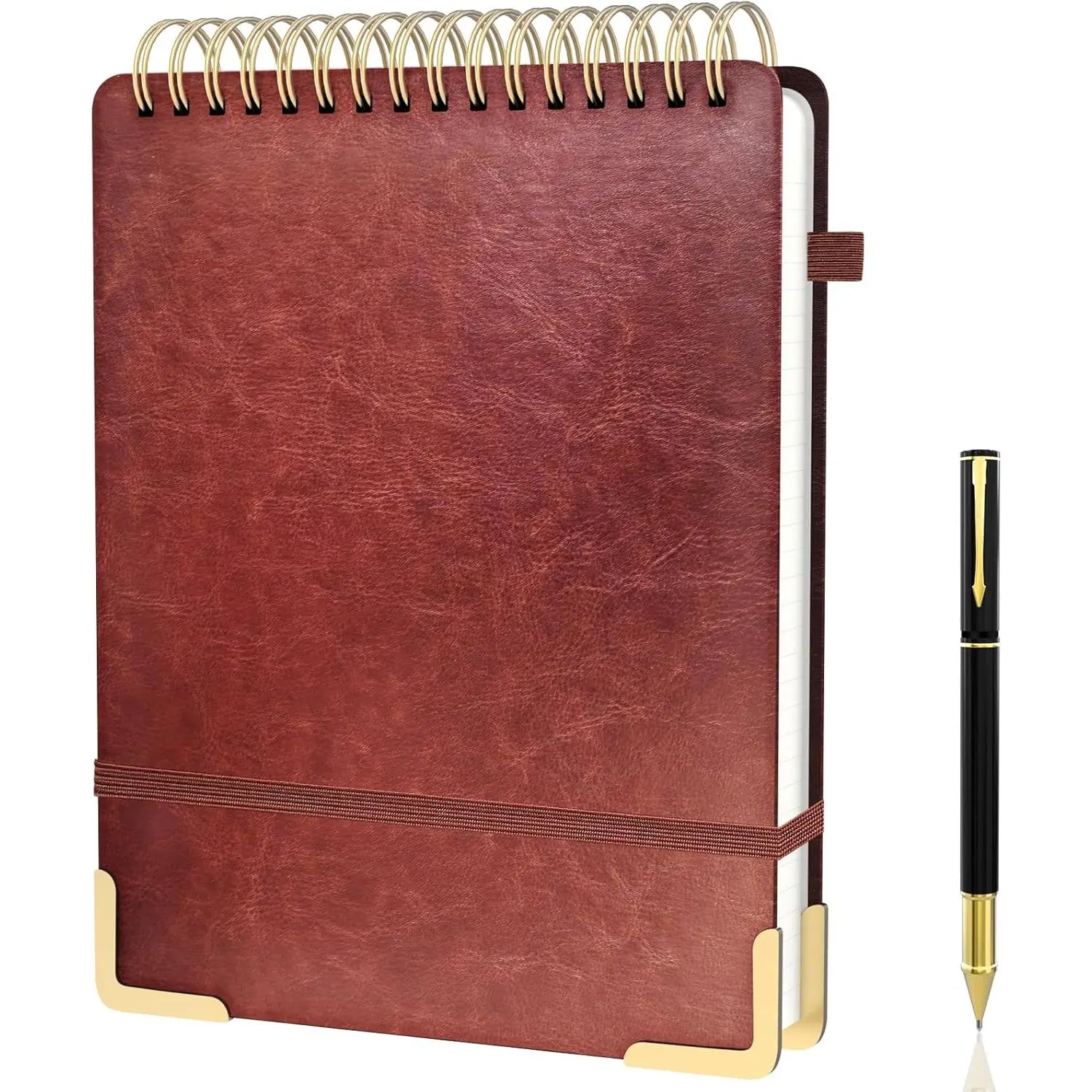 A4 Top Spiral Notebook, Large Leather Hardcover Top Bound Steno Pads, 240 Pages 100 gsm Thick Lined Paper Left Handed Notebook Journal for Work, School, Meeting Writing - Brown, 8.5" x 11"