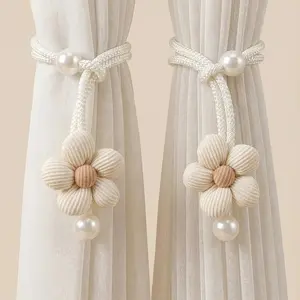 2-Piece Woven Rope Curtain Tiebacks, Pearl Embellished Home Decor, Suitable for Living Room Bedroom, Elegant Window Treatment, Window Decorations Supplies