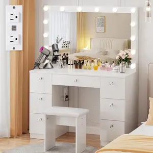 VOWNER 44" Lighted Makeup Vanity Desk - White Indoor Furniture with Power Outlet, 7 Drawers, 3 Adjustable Brightness Color Lighting Modes, Soft Cushioned Stool for Women