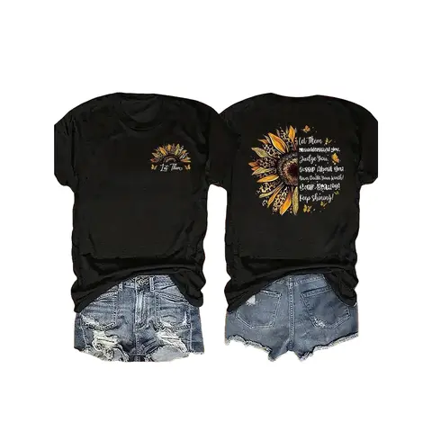 Women's 180G Pure Cotton Retro Graphic Tee - Double-Sided Sunflower & Letter Printed, Loose Round Neck Short-Sleeve, Soft Casual Home Wear for Birthday, New Year