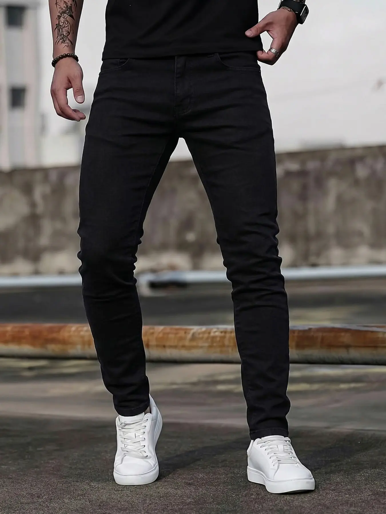 Men's Slim-Fit Straight-Leg Stretch Casual Fitted Jeans, All-Season Elastic Denim with Natural Waist and Zipper Fly, Casual Street Style