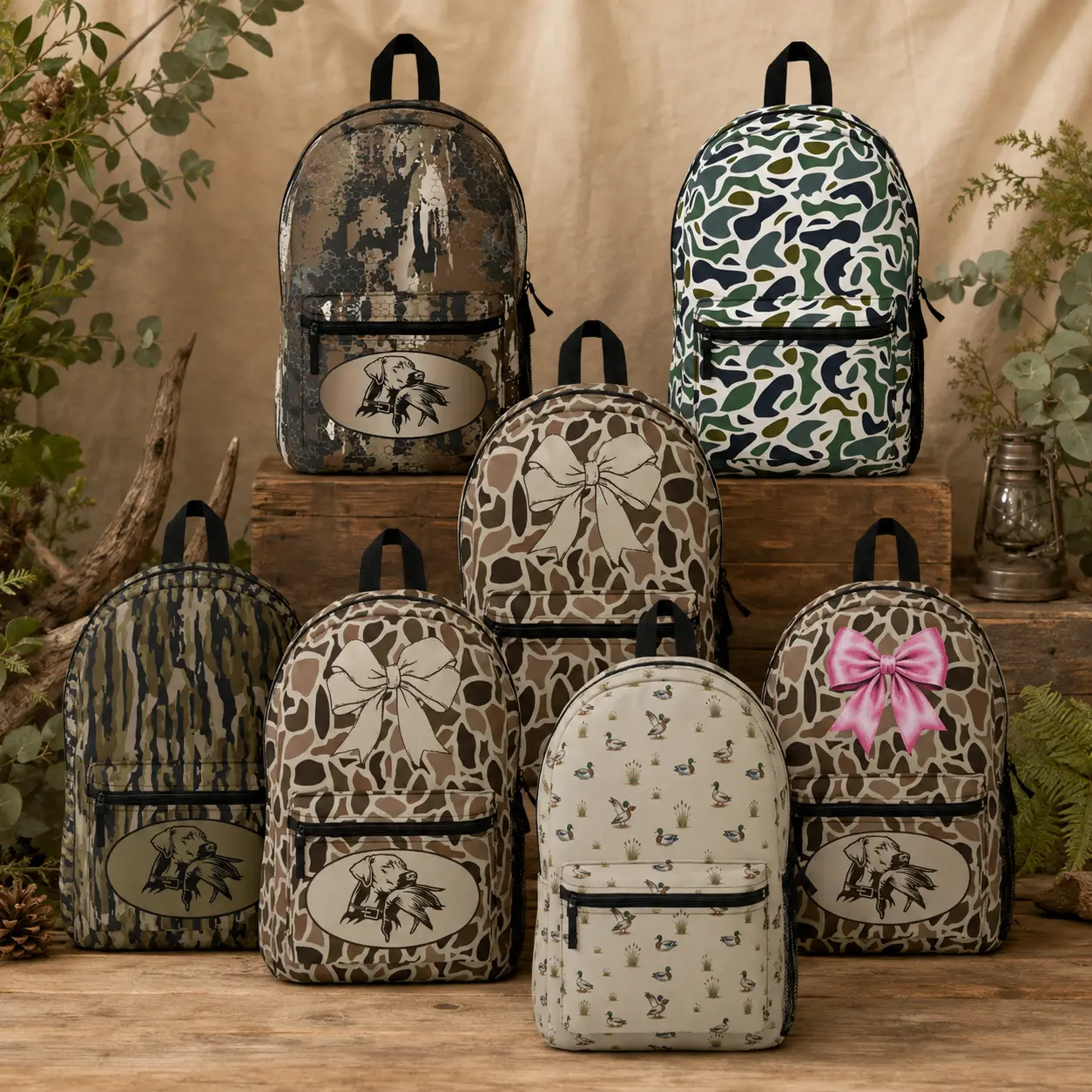 Camo Hunting Backpack, Duck Dog bottomland waterfowl Outdoor School Bag, Bow Print Camouflage Daypack, Rustic Sports Backpack, Gift for Hunter