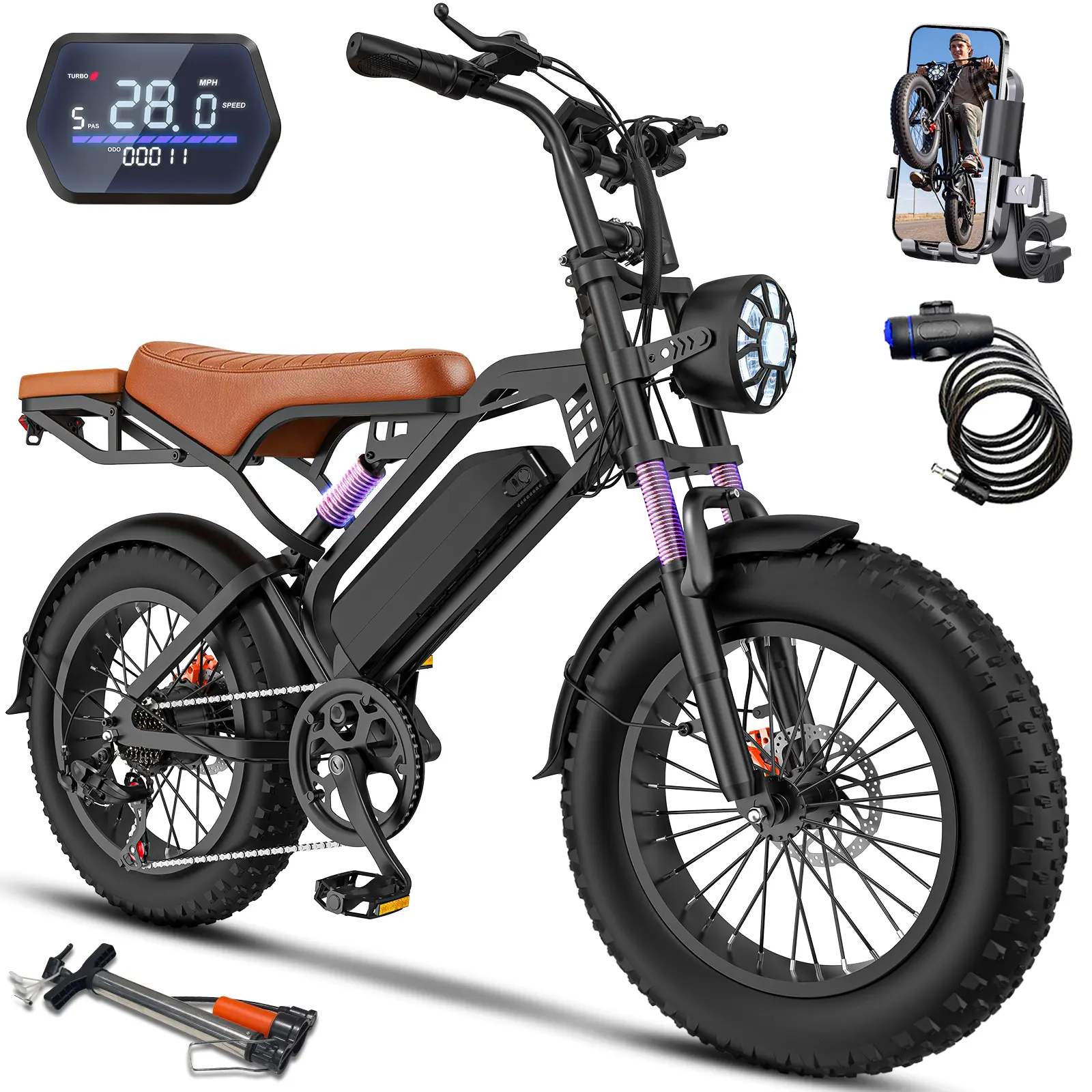 TERROSOR GT600PRO Electric Bike for Adults, Peak 1500W Motor Retro E Bike, Range 60Miles, 48V 18Ah Removable Battery, 20"x4" Fat Tires, Full Suspension, Off-Road Ebike for City Commuting