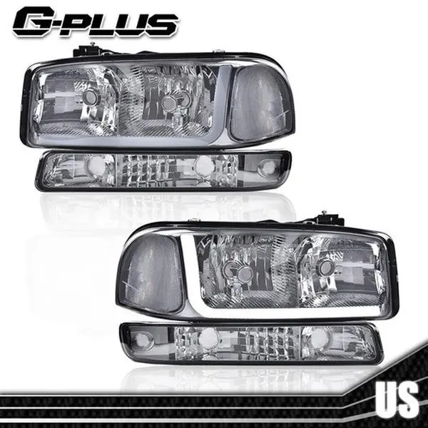 G-PLUS LED Headlight Assembly, Car Headlights with Bumper Lamp Set for 1999-2007 GMC Sierra/Yukon, Smoke Chrome, 4pcs New DRL Lights