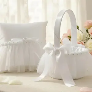 White Ring Bearer Pillow and Flower Girl Basket Set – Elegant Satin and Tulle Wedding Ceremony Accessories with Pearls and Ribbon Bows