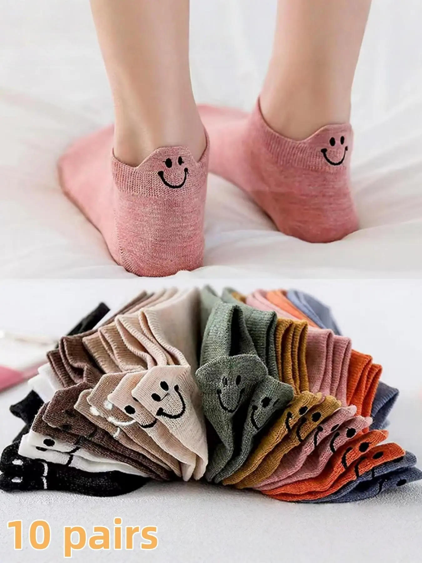 Unisex multi-colored boat socks, Casual Comfy Socks, Breathable fabric socks, with smiley face on the heel, 10 pairs per pack, sweat-absorbent, comfortable, and won't slip down, perfect for spring and summer, design for everyday casual wear