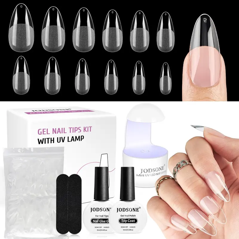 JODSONE 240pcs Salon-Quality Acrylic Press-On Fake Nails Kit - UV Lamp, Top Coat, Gel Glue, 7 Sizes Pre-File Thick Tips, Stiletto/Square/Short-Long Almond, Gel Nail Sticker Set, Fill Gaps, Selfcare DIY Supplies for Extensions