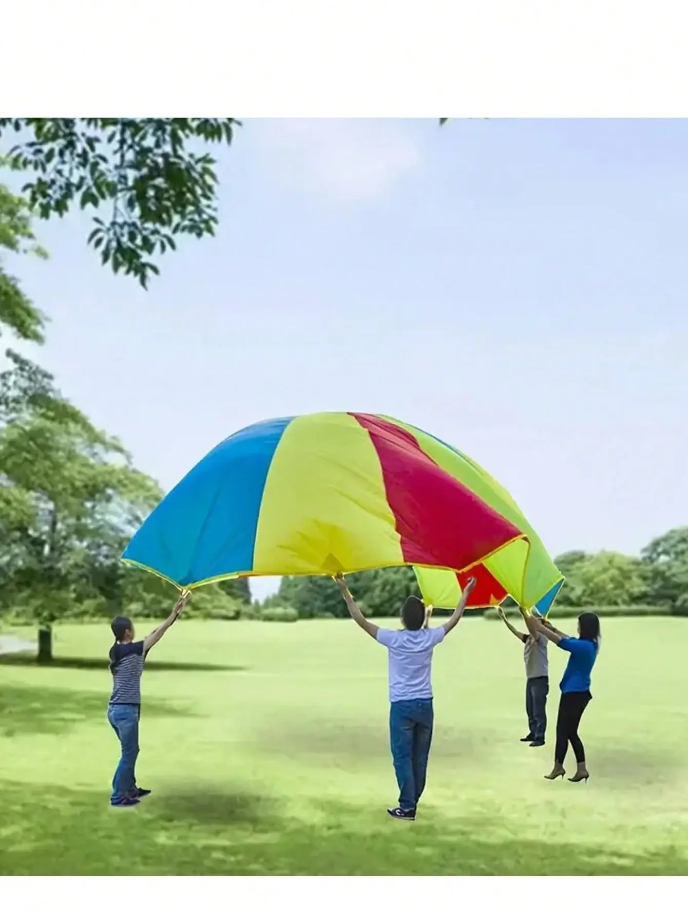 Rainbow Parachute Toy with Reinforced Handles - Kids Outdoor Group Activity Sensory Tool for Teamwork Training, Gym Class & Birthday Party Games (Nylon, 6-Color Design)