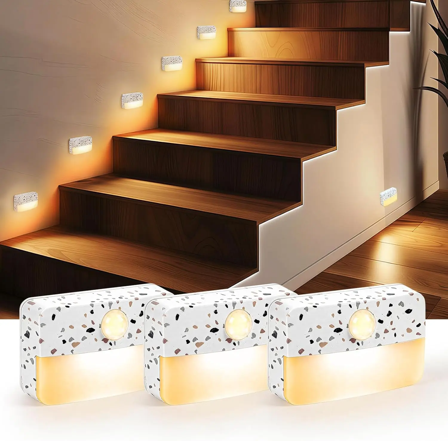 3 Pack Motion Sensor Stair Light for Indoor, Battery Operated Closet Lights, Wireless Stick on Anywhere Hallway Lamp, Portable Led Night Lamps for Bedroom Under Cabinet Kitchen,Terrazzo White
