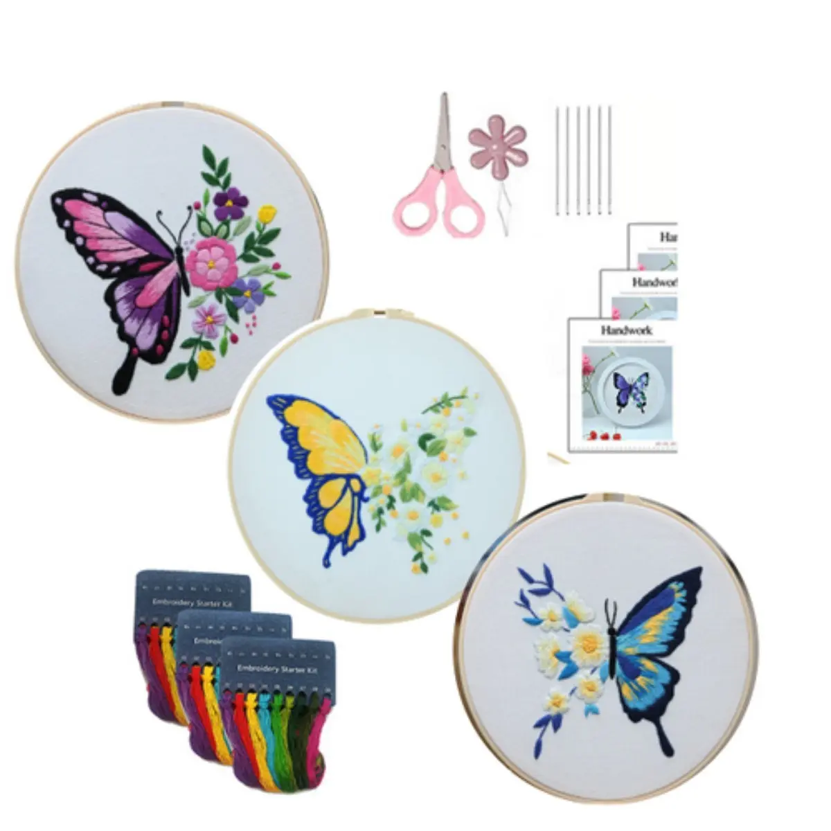 Beginner 3-Piece Butterfly Embroidery Kit - Mixed Textile Supplies, Plastic Hoop with Adjustable Screw, 3 Dyeing Threads, 6 Embroidery Needles, 1 Pair of Scissors, Detailed Instructions, Safe & Easy to Operate, Thoughtful Gift for Beginners, Safe And Easy