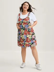 BLOOMCHIC Women's Preppy Textured Floral Print Sleeveless Round Neck Short Overall Dress - Casual Fashionable Dress with Textured Straps Swimweek