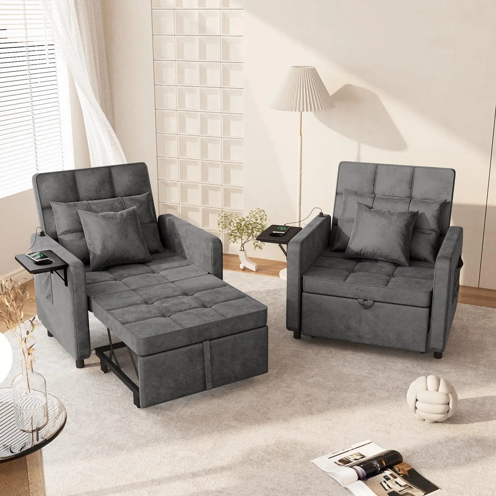 [Summergarden] Vabches Sofa Bed Chair with Wing Table and USB Ports Outlet, 3-in-1 Sofa Chair Bed with Two Pillows, Velvet Sleeper Chair with Adjustable Backrest, Easy Assembly
