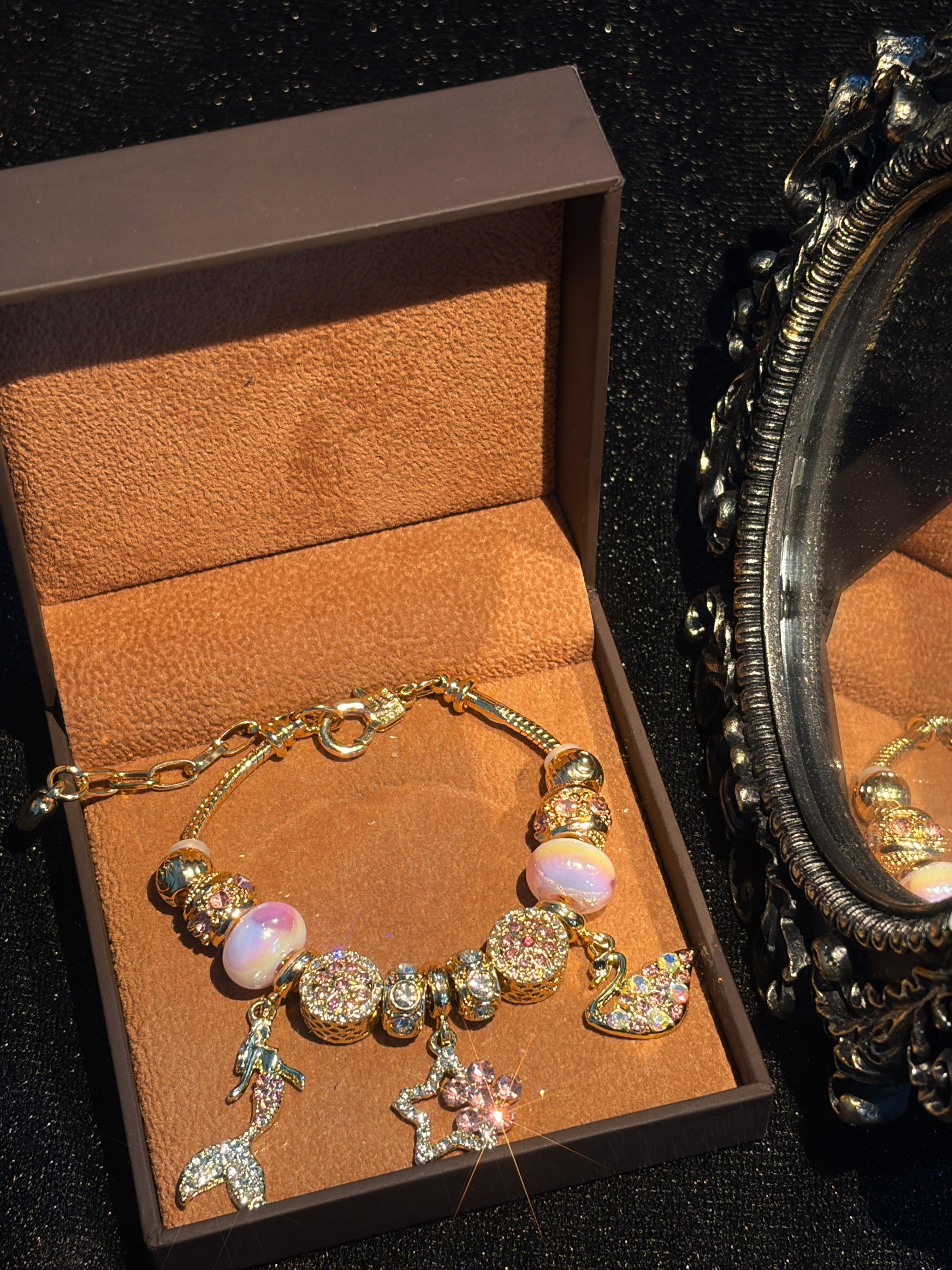 Women Gold‑Tone Mermaid Charm Bracelet, Pink Rhinestone Star Butterfly Dangle Charms, Colorful Murano‑Style Beads Snake Chain Bracelet, Fairytale Hand Jewelry Gift For Women Girls Daily Party Dating Wear Women Gold‑Tone Mermaid Charm Bracelet, Pink Rhinestone Star Butterfly Dangle Charms, Colorful Murano‑Style Beads Snake Chain Bracelet, Fairytale Hand Jewelry Gift For Women Girls Daily Party Dating Wear