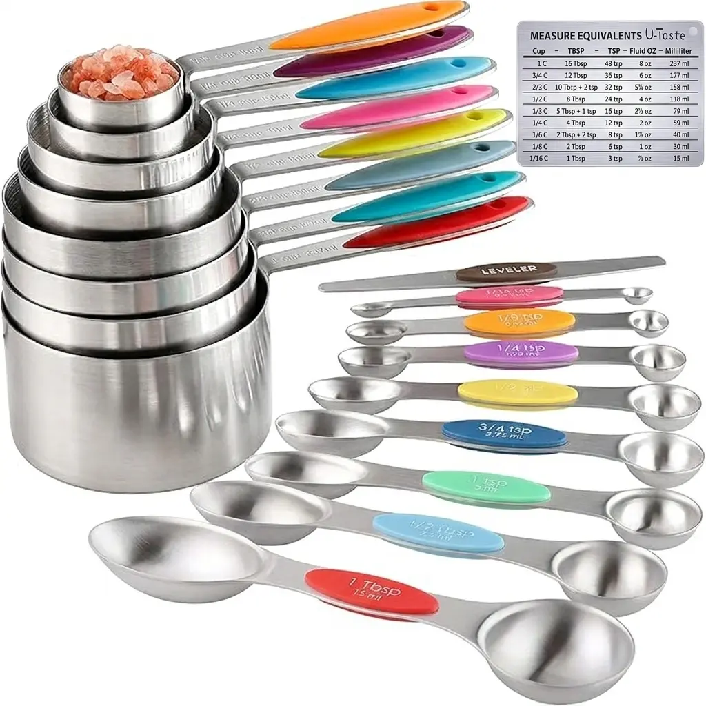 17-Piece Sturdy Stainless Steel Measuring Cups and Magnetic Measuring Spoons Set, Accurate for Dry & Liquid Ingredients, Includes 1 Leveler, Magnetic US Metric Conversion Chart, Multi-Size with 1/2 Cup Option, 1 Tbsp