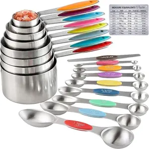 17 pcs Measuring Cups and Magnetic Measuring Spoons Set Stainless Steel for Dry and Liquid Ingredients Including 1 Leveler & Magnetic Conversion Chart