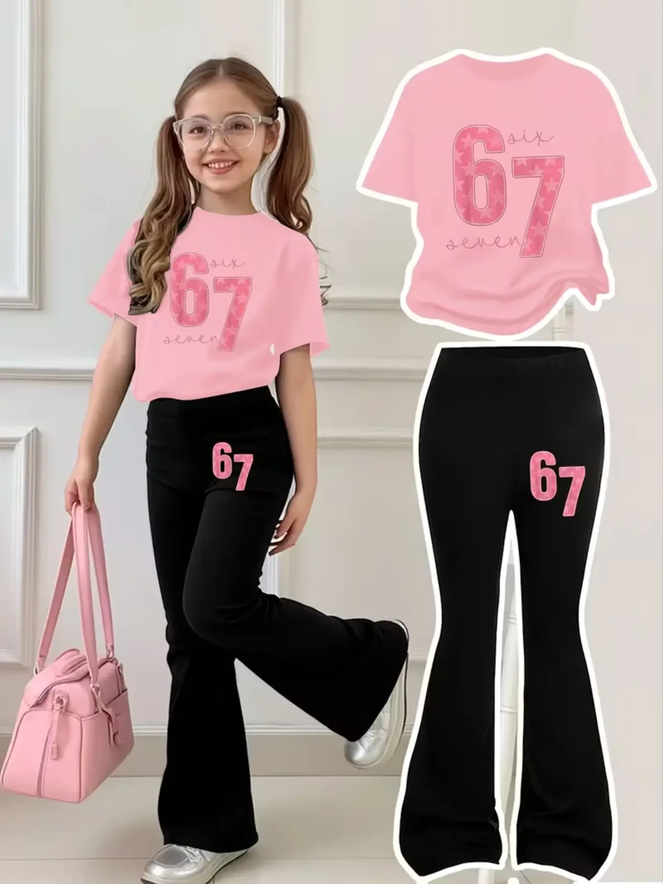 Girls Star Print Set with Flared Pants, Short Sleeve T-Shirt with '67' Design, Casual Outdoor Wear for All Seasons, Girl Clothes School, Casual Outfit Set, Casual Fashion Set, Outfits Set