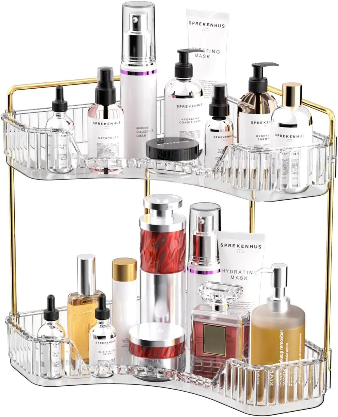 2-Tier Corner Bathroom Counter Organizer, bathroom organizer, Clear Countertop Shelf Storage Rack, Cosmetic Perfume Tray Standing Holder with Gold Metal Pole, Skincare Sink Organizer for Vanity Kitchen Transparent Smooth