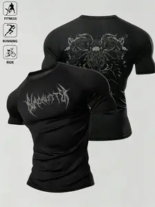 Men's Gothic Print Compression Workout T-Shirt - Quick Dry, Breathable & Moisture-Wicking, Y2K Dark Gothic Graphic Athletic Tee, Edgy Streetwear Athleisure Style, Ideal for Gym, Running, Cycling & Daily Casual Wear Gym WearY2K Gothic, Sports Tops