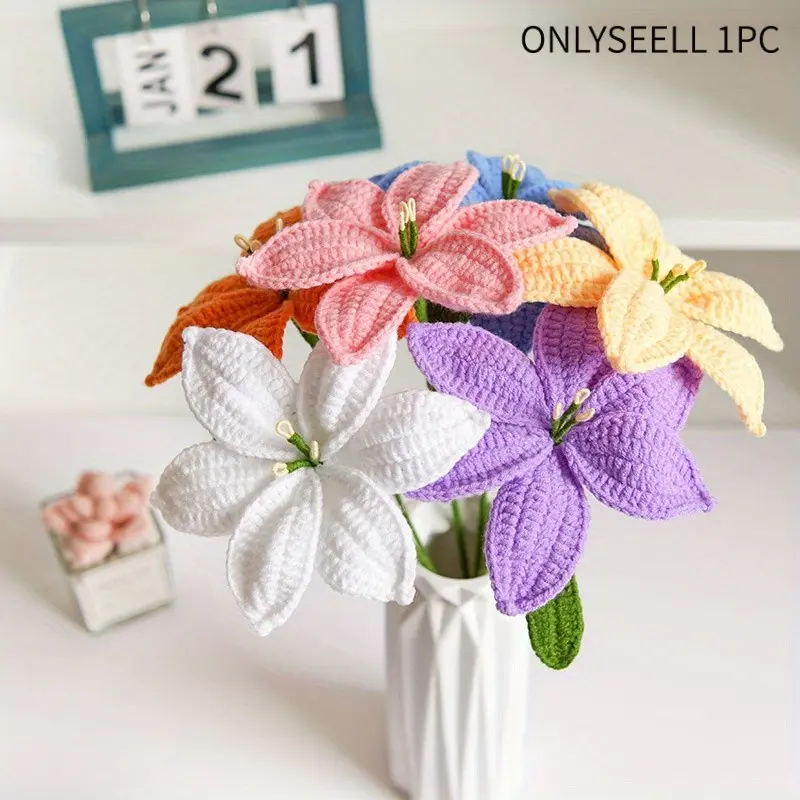 Handmade Crochet Lily Knitted Decorative Bouquet, Crochet Flowers Bouquet, Crocheted Bouquet, Indoor Flower, Artificial Flowers, Faux Decorative Flowers, Universal Setting, Perfect Gift for Harvest Festival