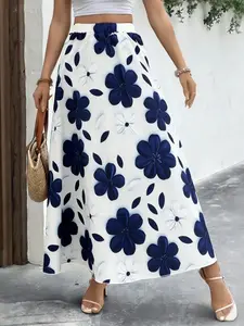 New Fashion Casual Bohemian Blue Floral Print Maxi Skirt