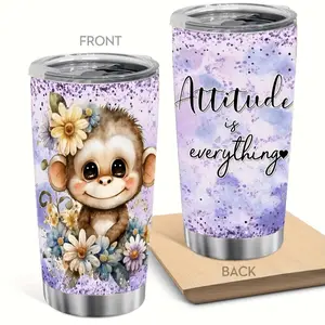 20oz Stainless Steel Double Wall Insulated Tumbler, Coffee Cup, Portable Travel Keep Cold Water Cup With Lid, Cute Monkey Pattern Cup, Best Gift For Family Friends Dad Mom Brother Girlfriend Boyfriend Drinkware Flasks