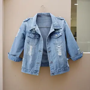 Women��s 3/4 Sleeve Washed Denim Jackets Distressed Light Cropped Jean Jackets Coats Casual Womenswear