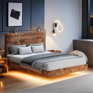 [summervibes] HOMBCK Floating Bed Frame with Led Lights, Wooden Platform Bed Frame with Reading Light Headboard, Heavy Duty Metal Slats, No Box Spring Needed, Easy Assembly, Vintage Brown